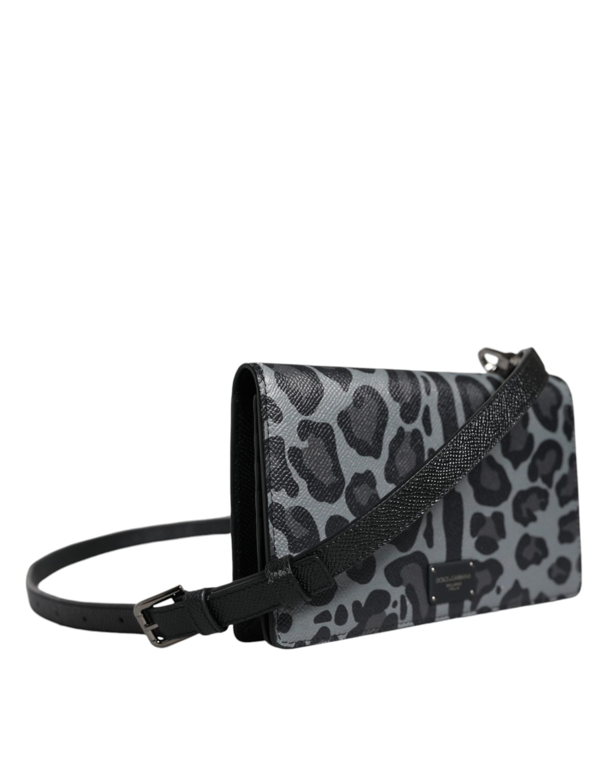 Dolce & Gabbana Black Gray Leopard Leather Bifold Card Slot Crossbody Bag - ACCEXO