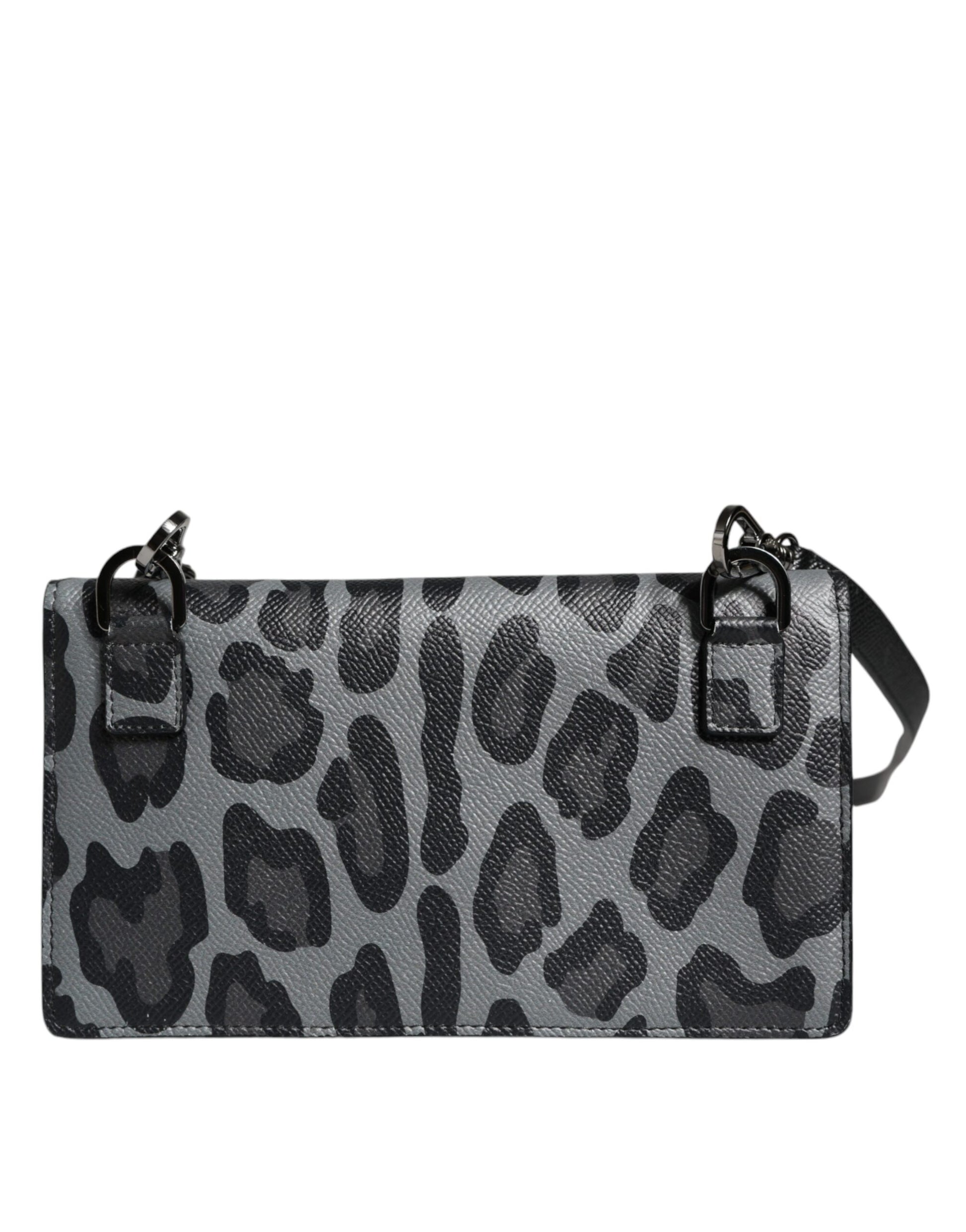 Dolce & Gabbana Black Gray Leopard Leather Bifold Card Slot Crossbody Bag - ACCEXO