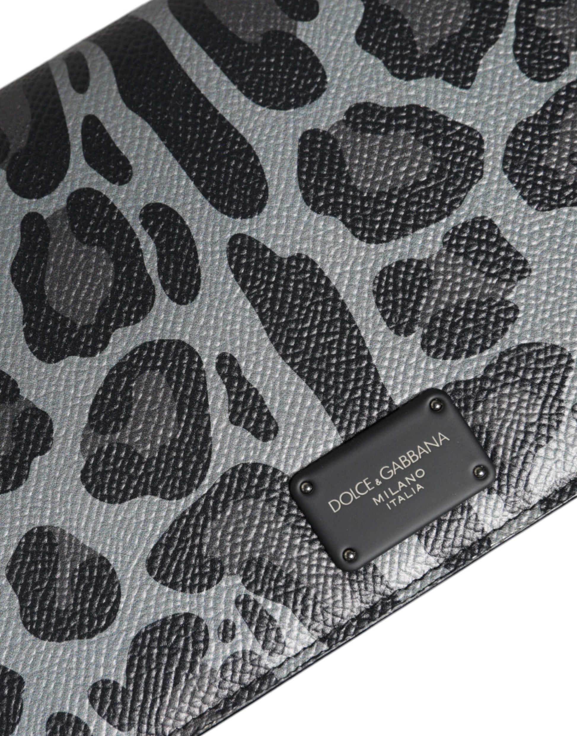 Dolce & Gabbana Black Gray Leopard Leather Bifold Card Slot Crossbody Bag - ACCEXO