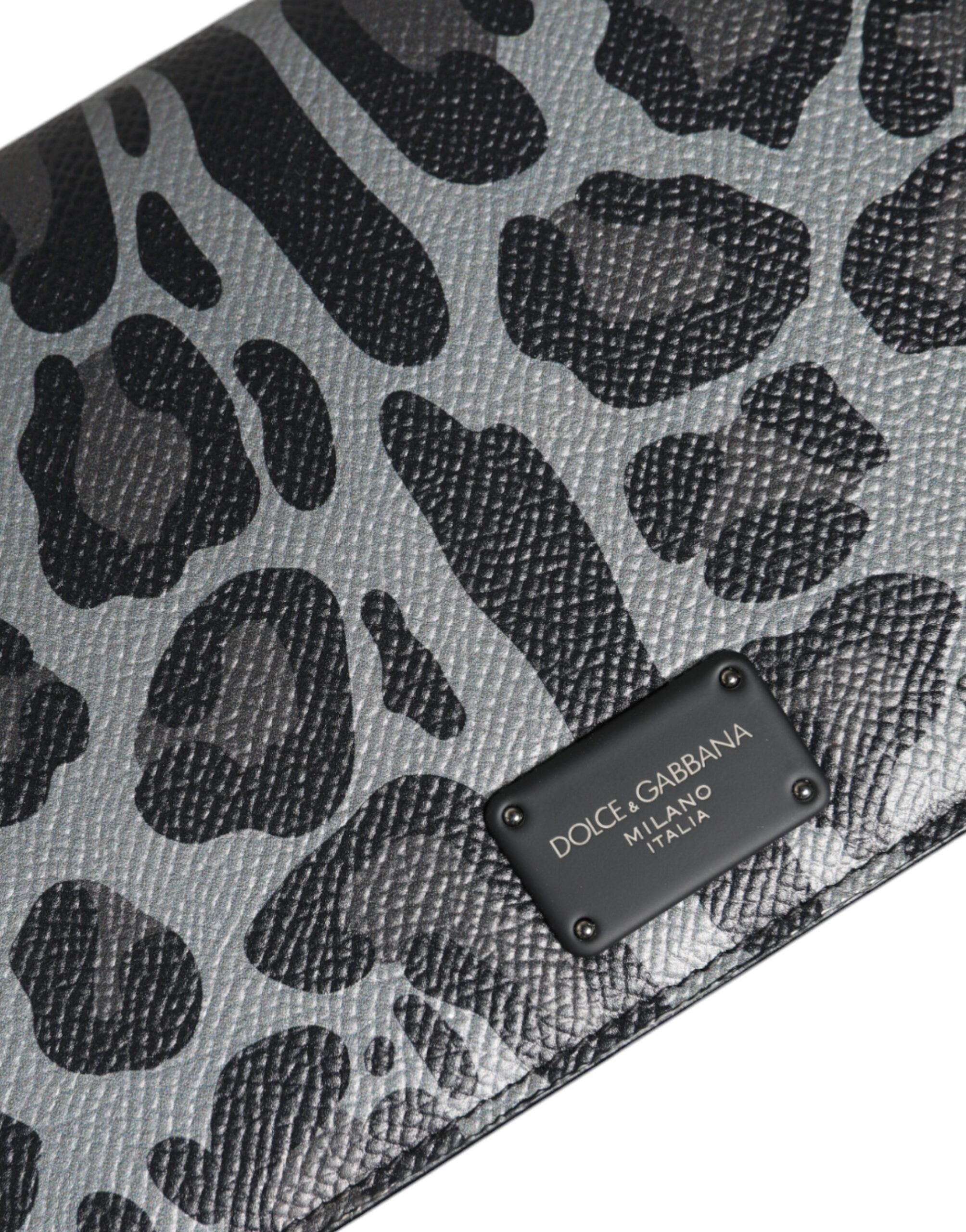 Dolce & Gabbana Black Gray Leopard Leather Bifold Card Slot Crossbody Bag - ACCEXO