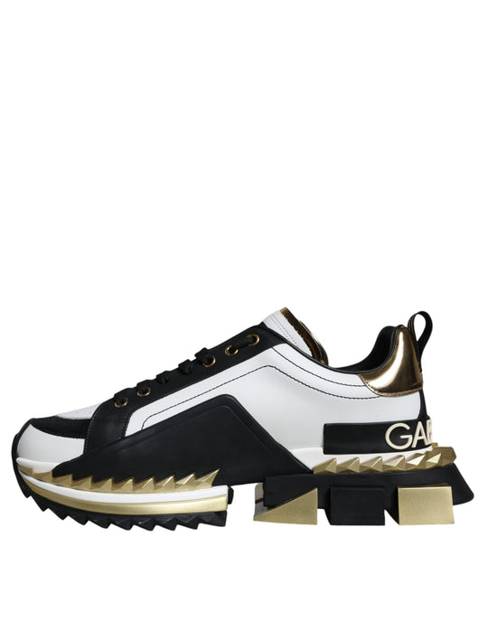 Dolce & Gabbana White Gold Black Leather SUPER KING Sneakers Shoes