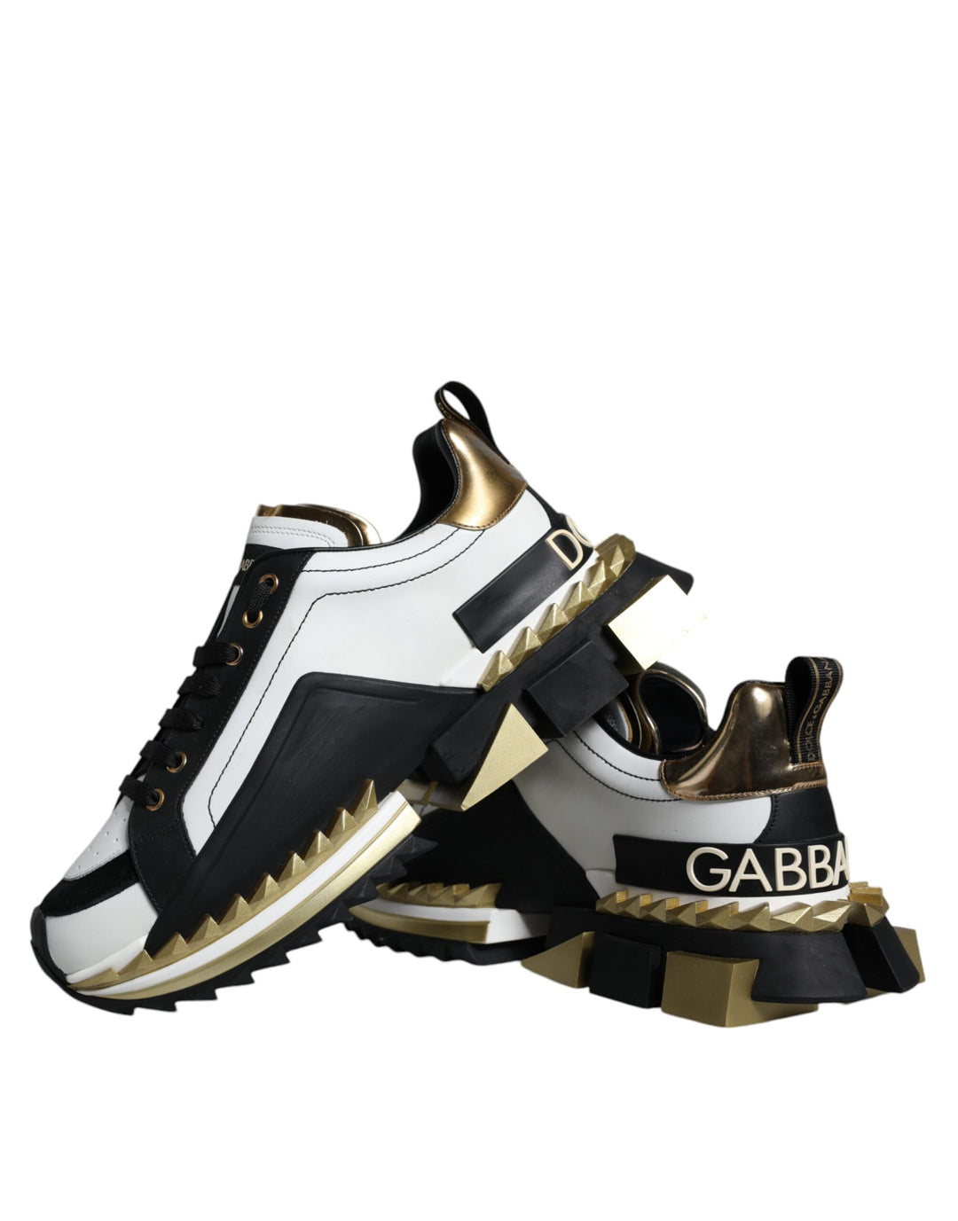 Dolce & Gabbana White Gold Black Leather SUPER KING Sneakers Shoes