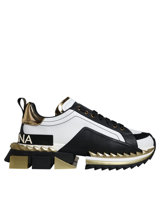 Dolce & Gabbana White Gold Black Leather SUPER KING Sneakers Shoes