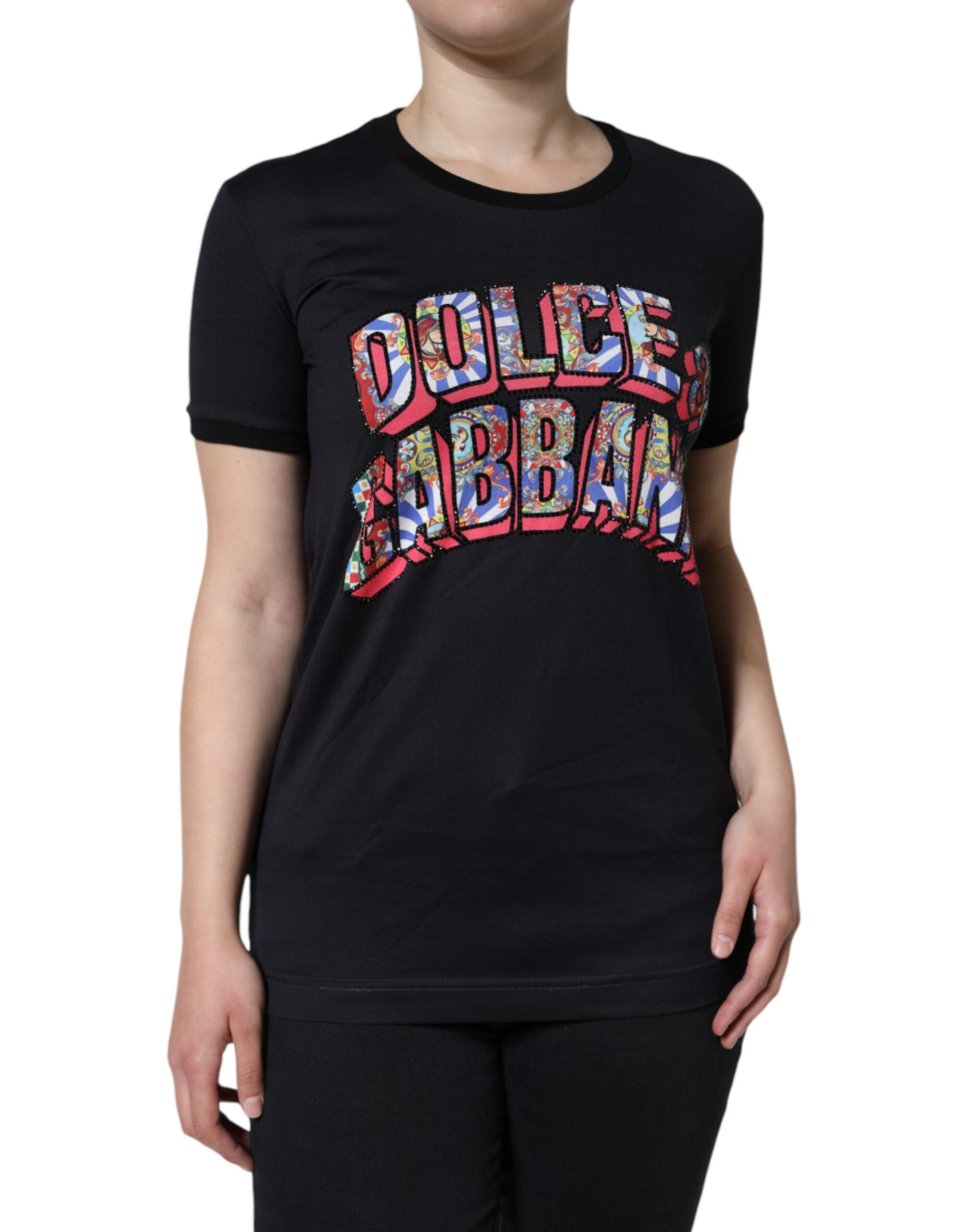 Dolce & Gabbana Black Cotton Logo Print Round Neck T-shirt - ACCEXO