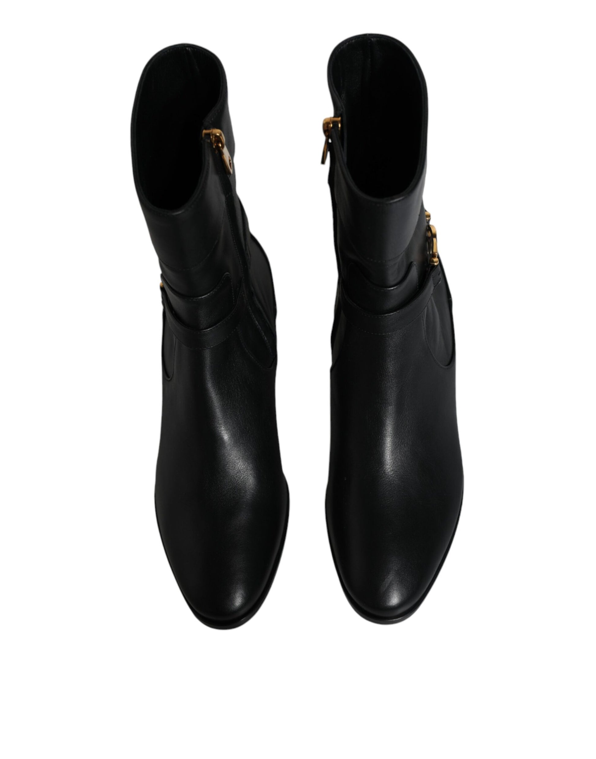 Dolce & Gabbana Black Leather Logo Mid Calf Boots Shoes - ACCEXO