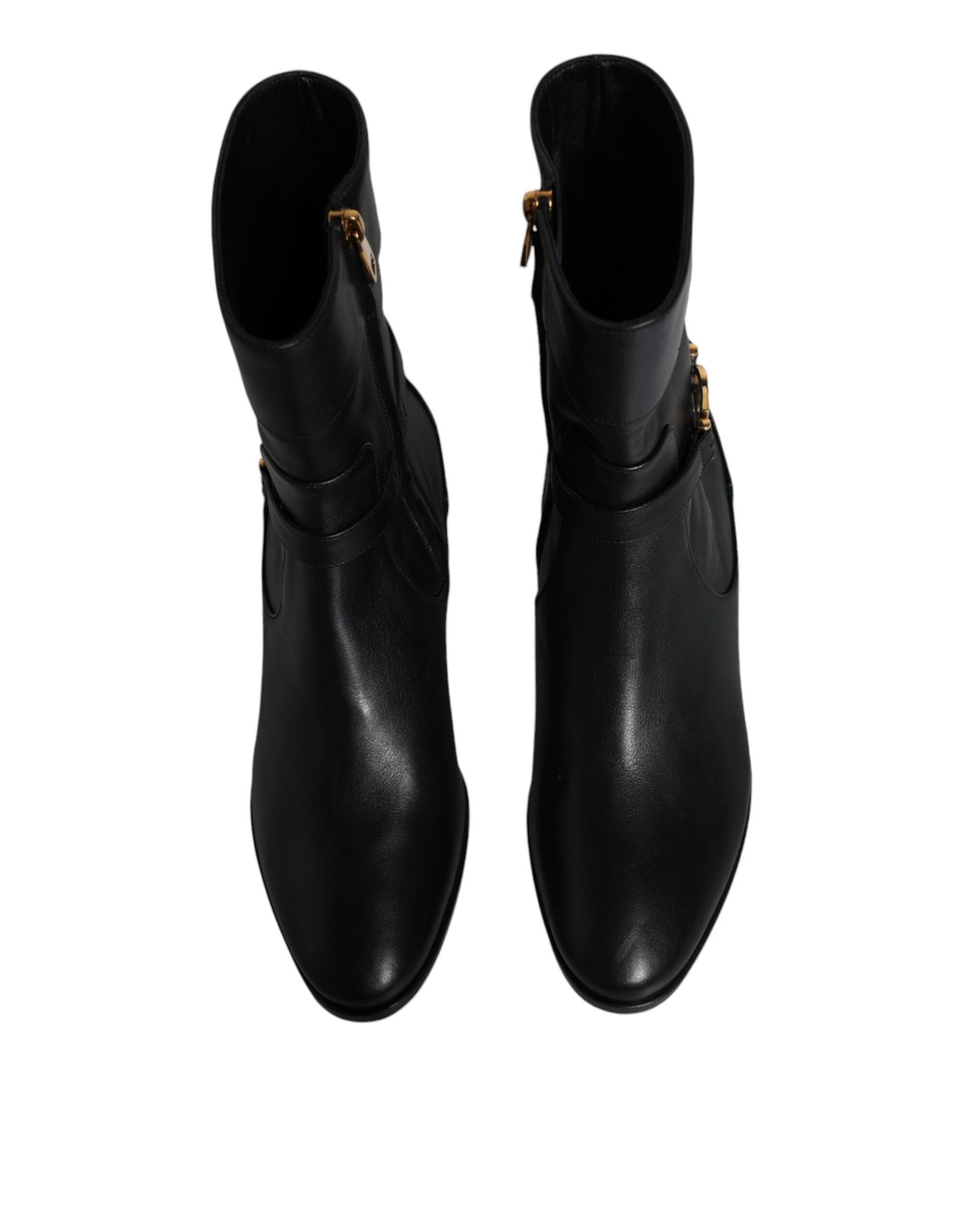 Dolce & Gabbana Black Leather Logo Mid Calf Boots Shoes - ACCEXO