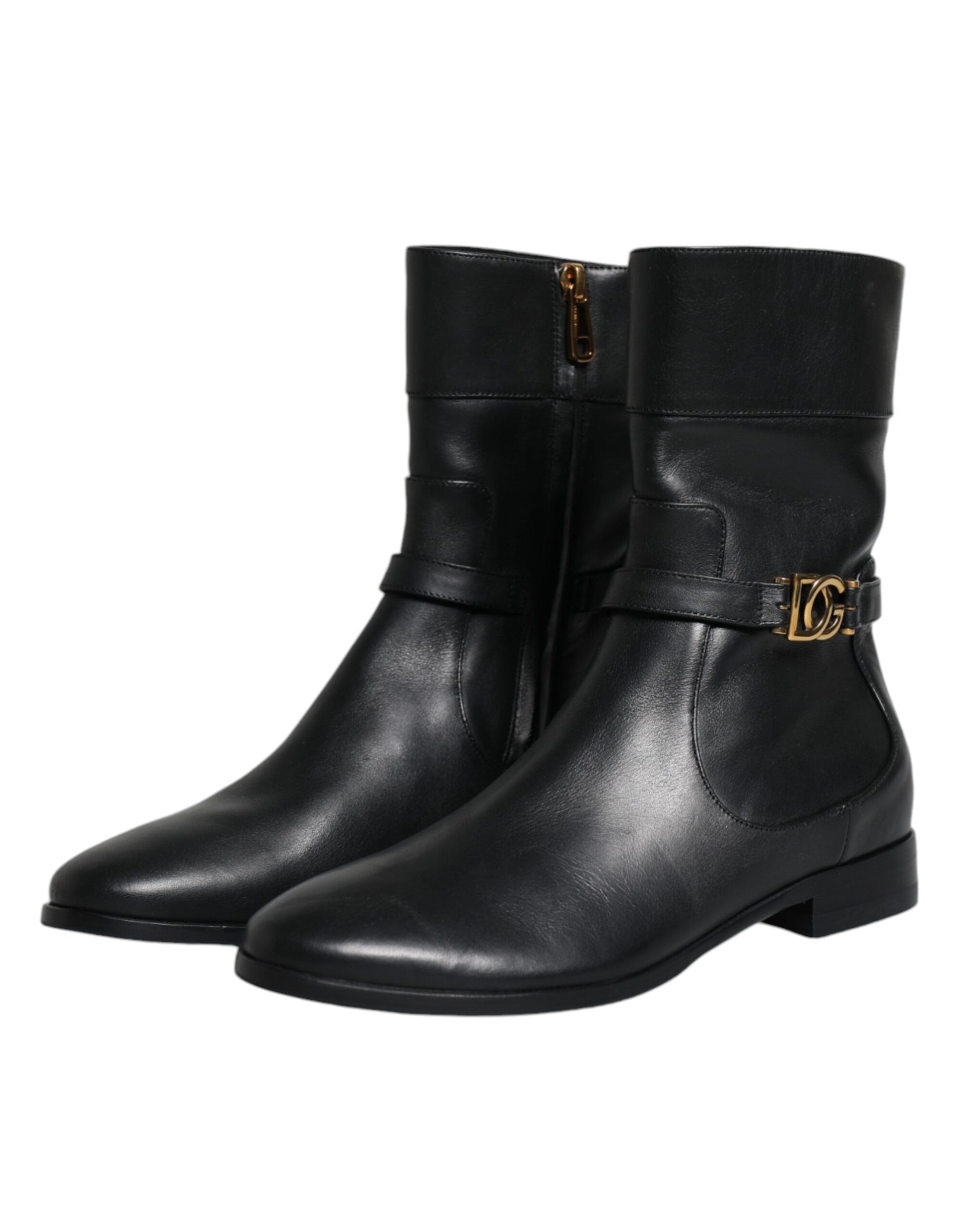 Dolce & Gabbana Black Leather Logo Mid Calf Boots Shoes - ACCEXO
