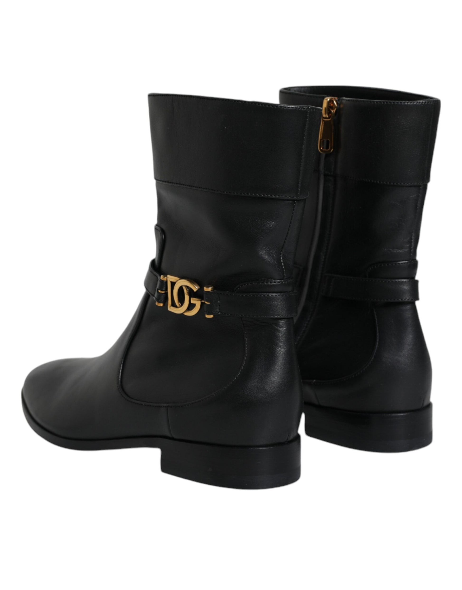 Dolce & Gabbana Black Leather Logo Mid Calf Boots Shoes - ACCEXO