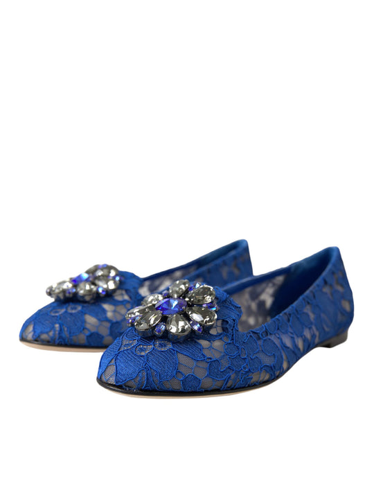 Dolce & Gabbana Blue Lace Crystal Ballet Flats Loafers Shoes