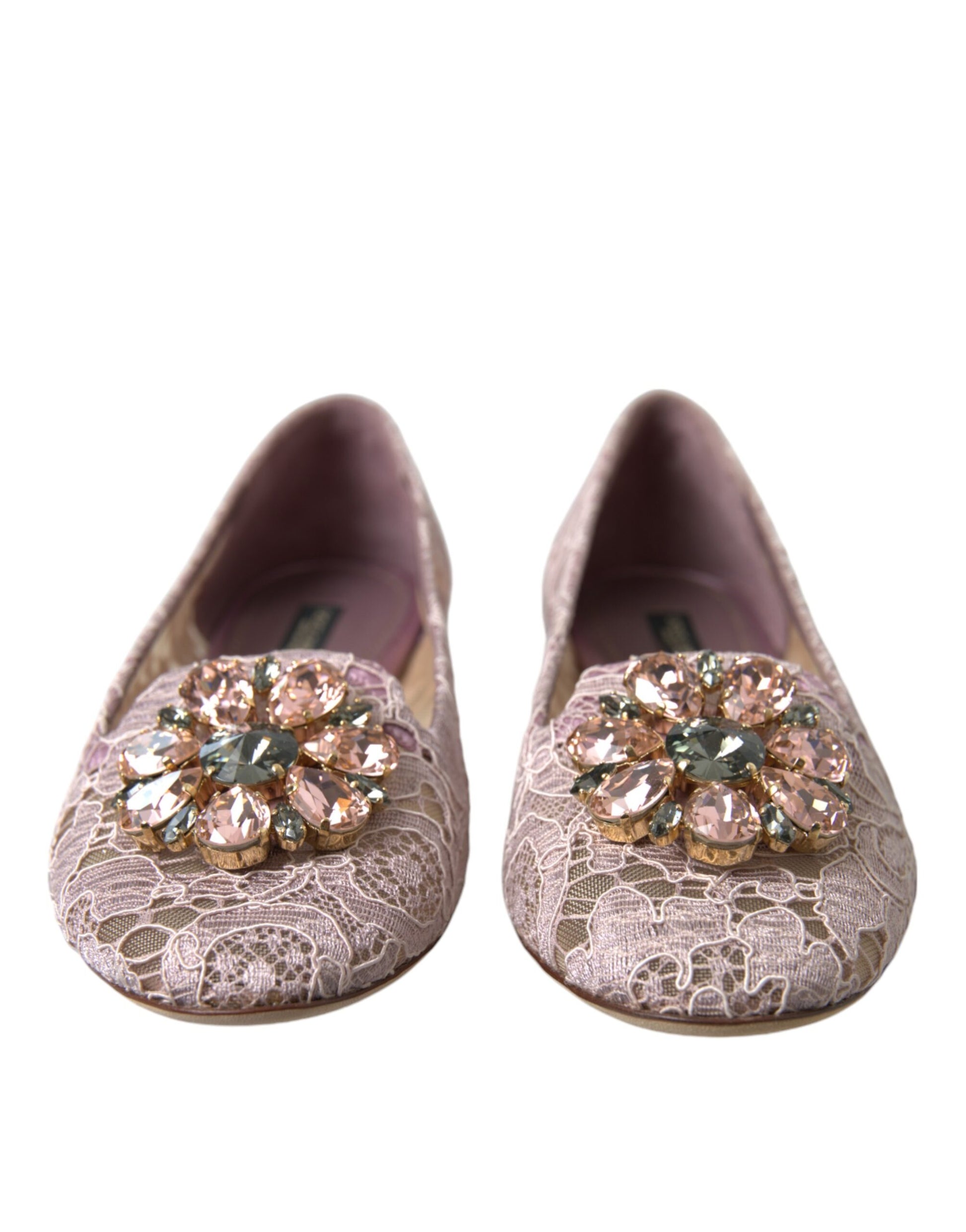 Dolce & Gabbana Pink Lace Crystal Ballet Flats Loafers Shoes - ACCEXO