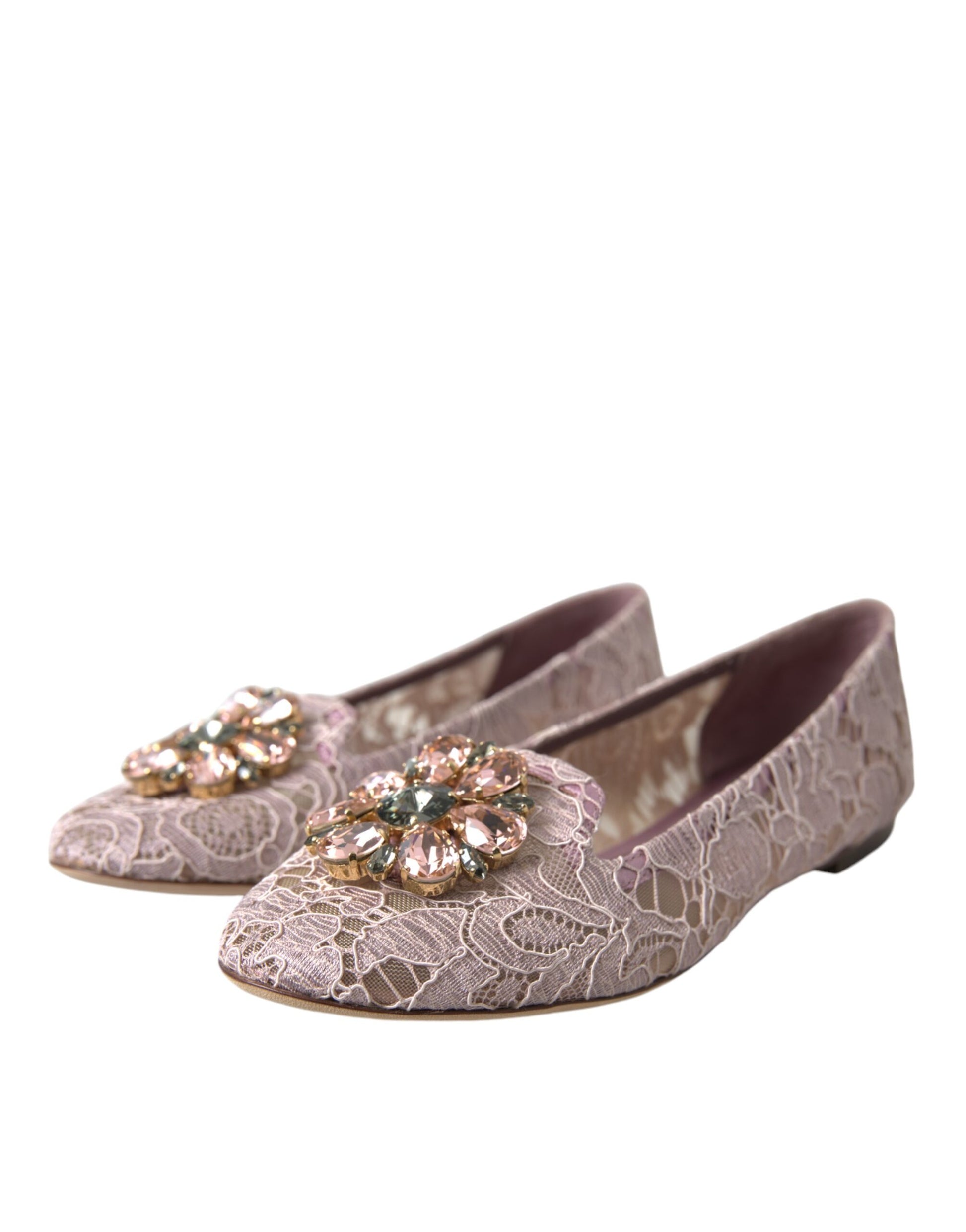 Dolce & Gabbana Pink Lace Crystal Ballet Flats Loafers Shoes - ACCEXO