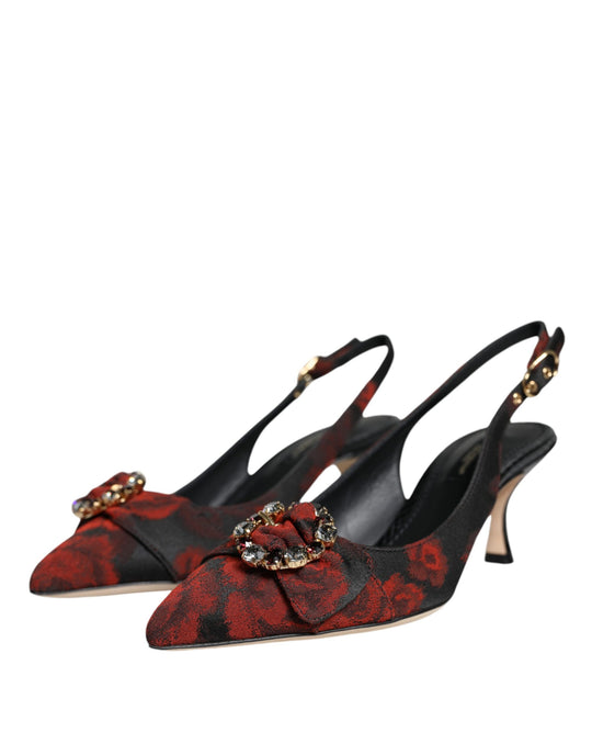 Dolce & Gabbana Black Red Floral Crystal Heel Slingback Shoes