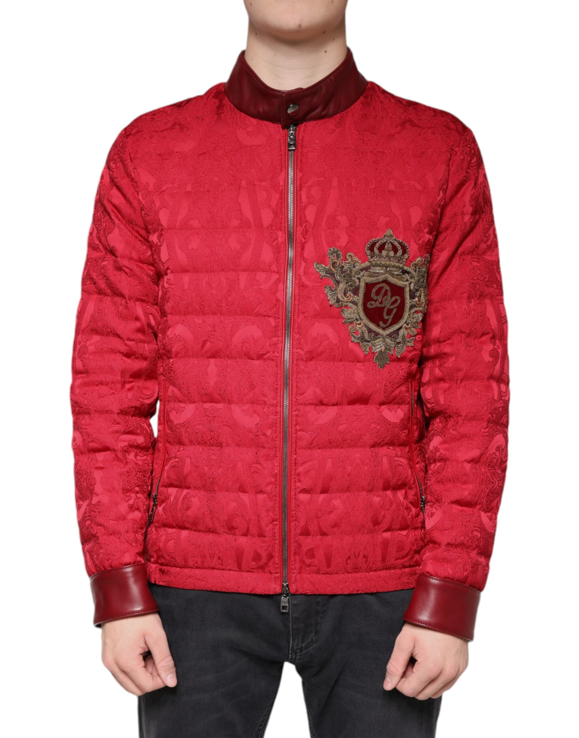 Dolce & Gabbana Red Quilted Bomber Gold Crown Logo Jacket - ACCEXO