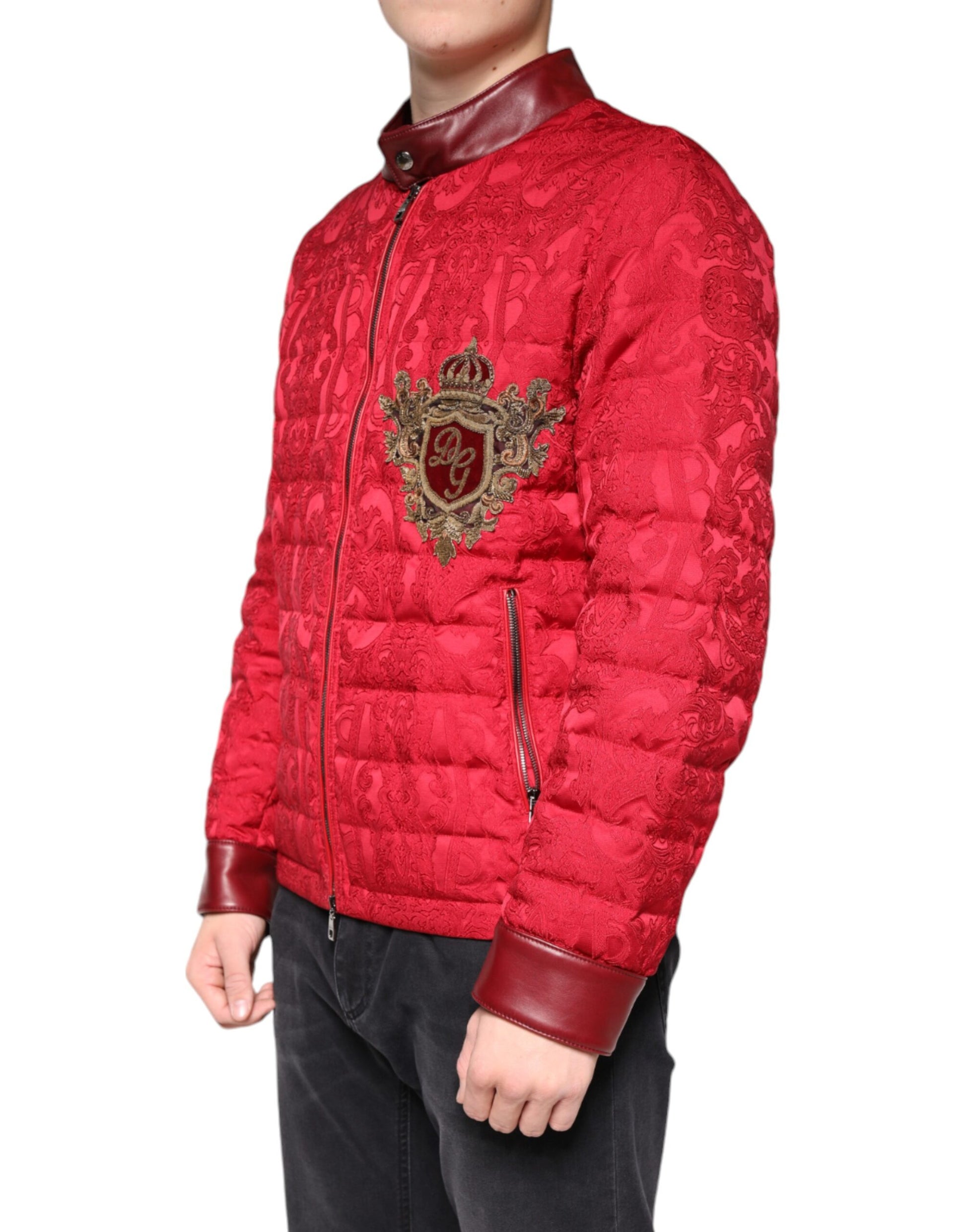 Dolce & Gabbana Red Quilted Bomber Gold Crown Logo Jacket - ACCEXO
