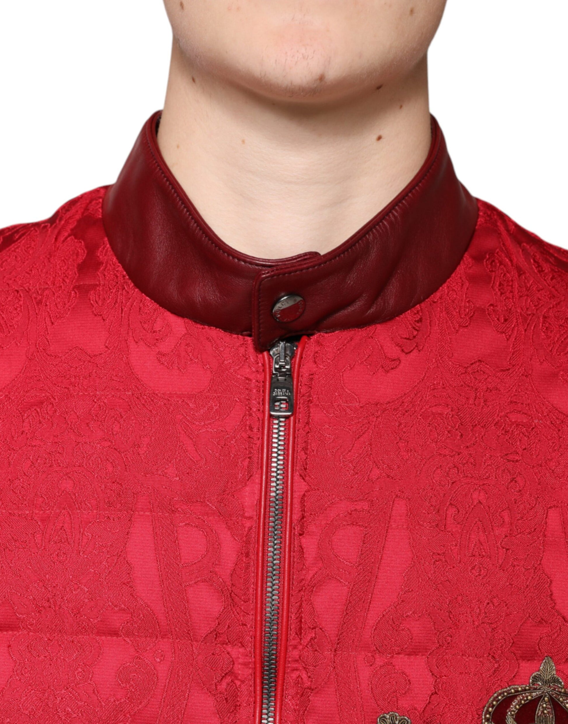 Dolce & Gabbana Red Quilted Bomber Gold Crown Logo Jacket - ACCEXO