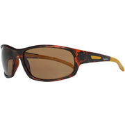 Sunglasses with tortoiseshell frame and brown lenses on a white background