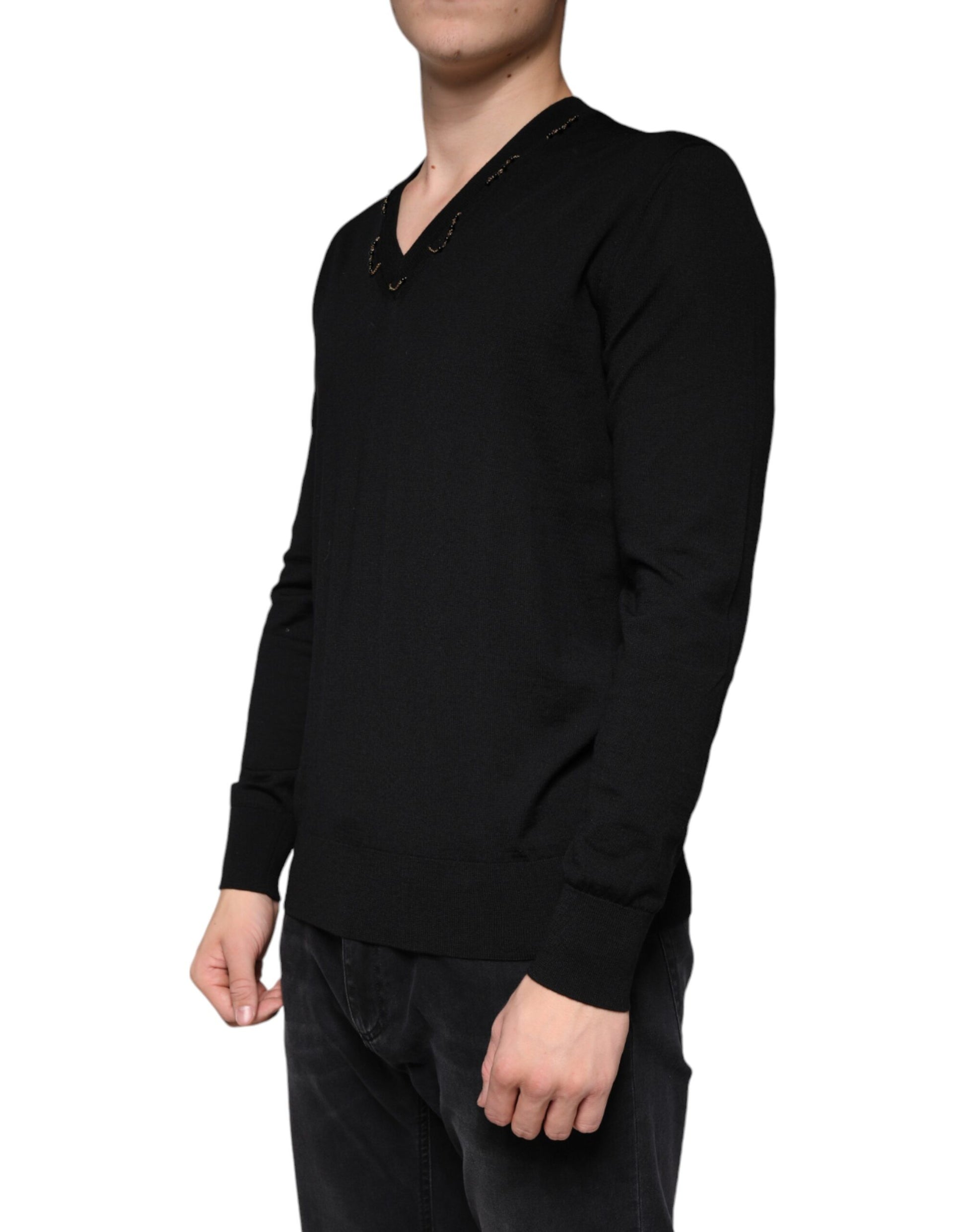 Dolce & Gabbana Black Embellished V-neck Pullover Sweater - ACCEXO