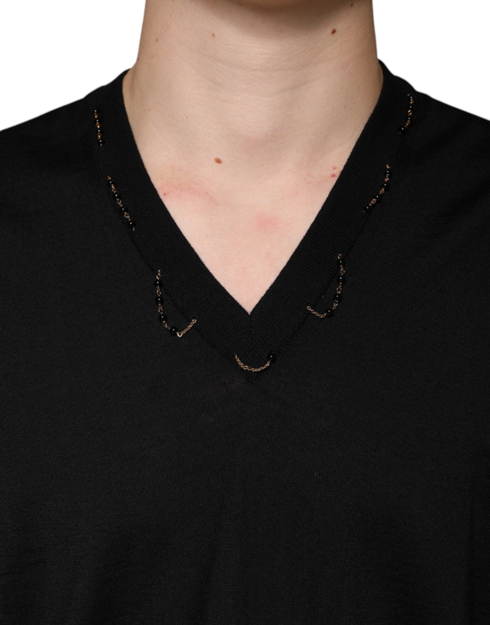 Dolce & Gabbana Black Embellished V-neck Pullover Sweater - ACCEXO