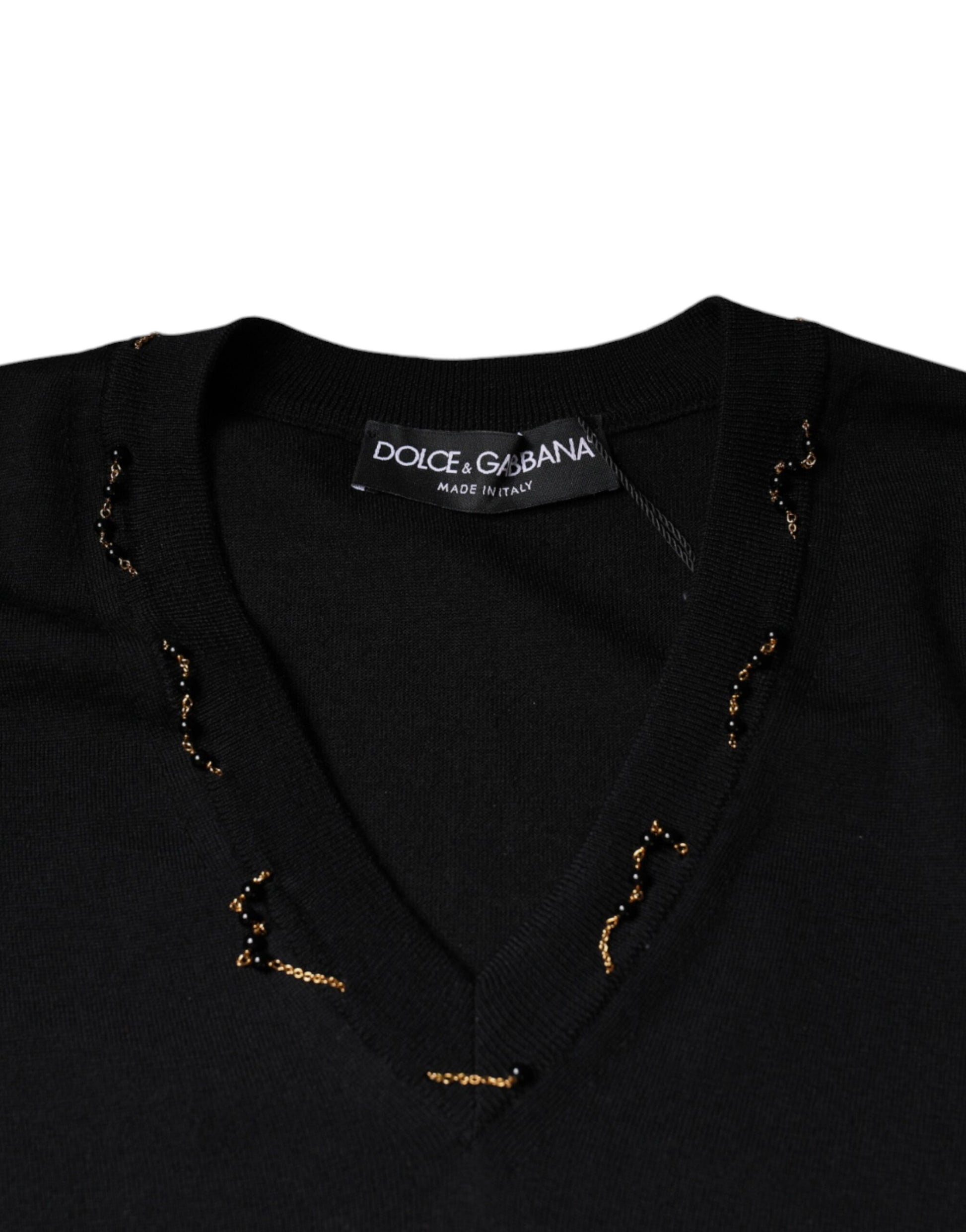 Dolce & Gabbana Black Embellished V-neck Pullover Sweater - ACCEXO
