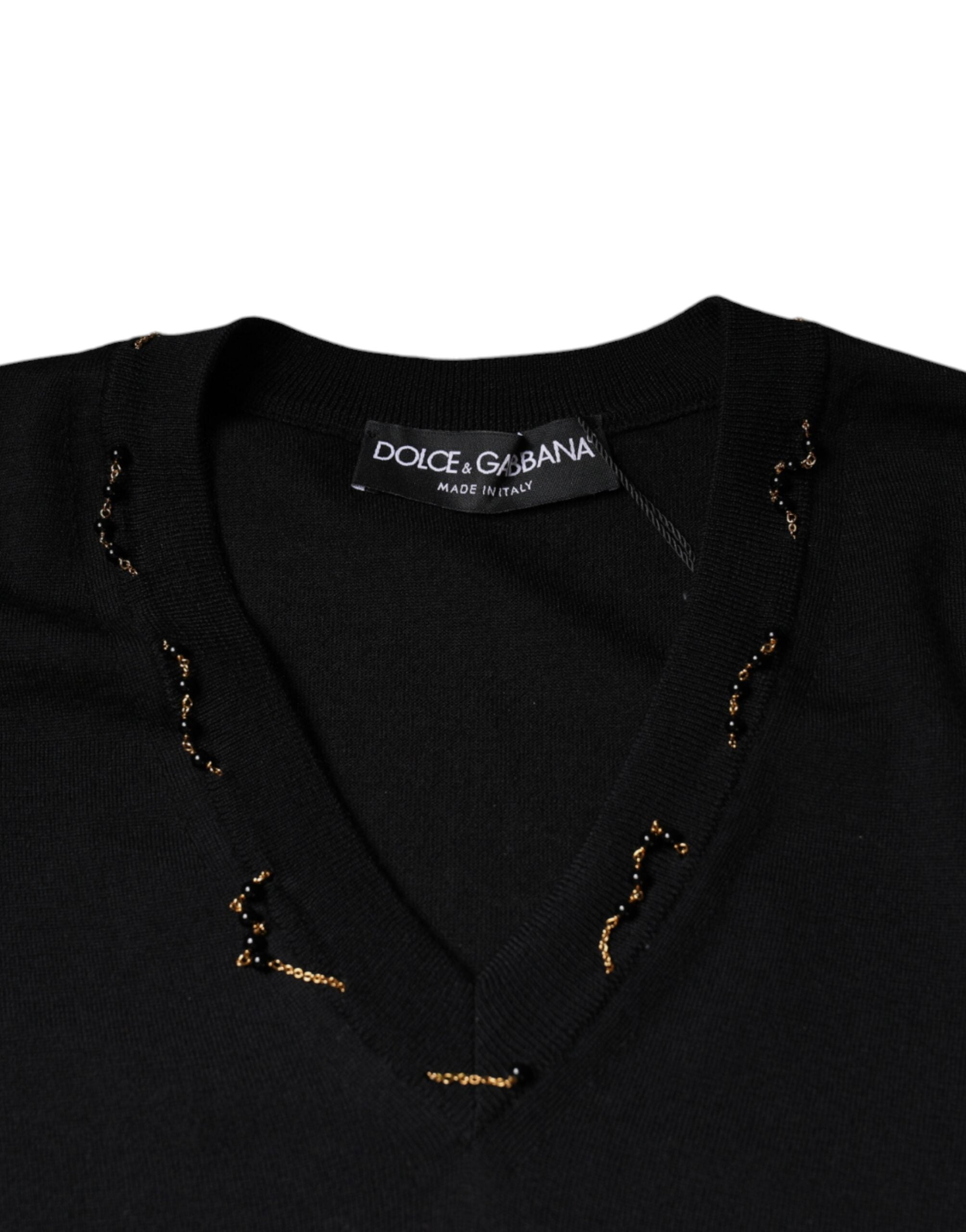 Dolce & Gabbana Black Embellished V-neck Pullover Sweater - ACCEXO