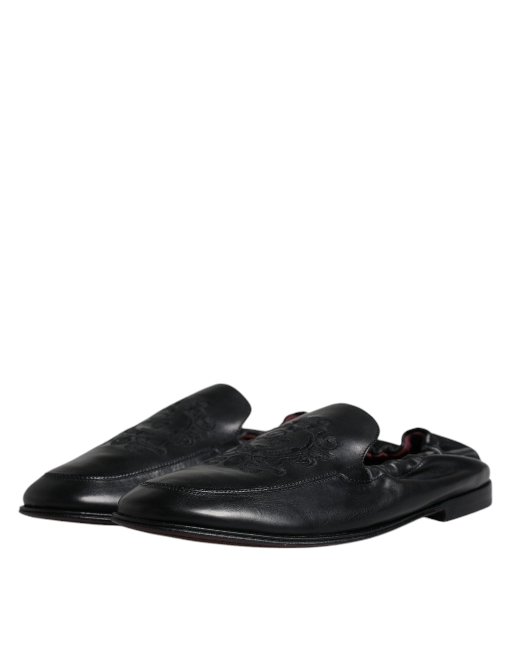 Dolce & Gabbana Black Logo Embroidered Leather Loafer Men Dress Shoes - ACCEXO