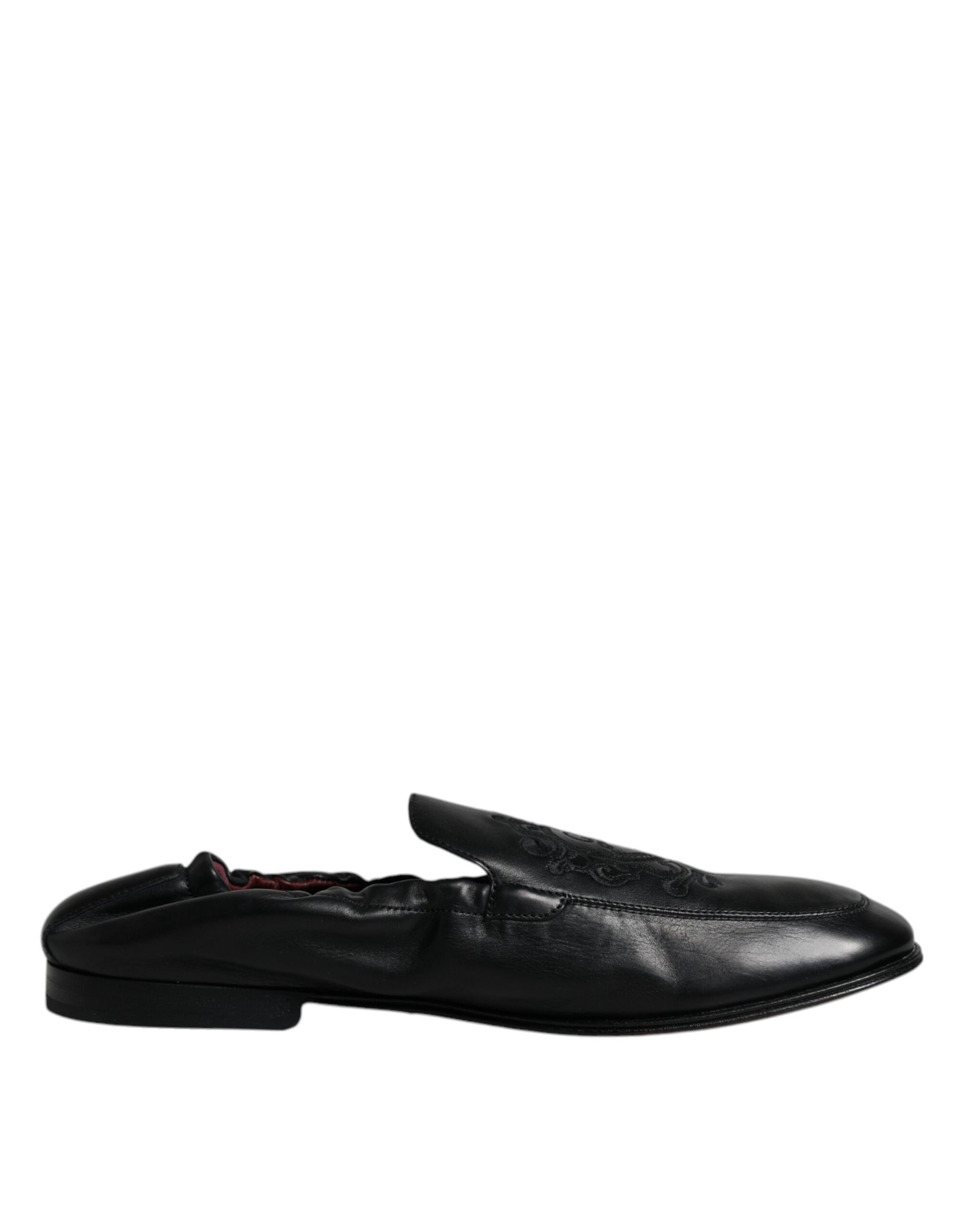 Dolce & Gabbana Black Logo Embroidered Leather Loafer Men Dress Shoes - ACCEXO