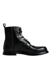 Dolce & Gabbana Black Leather Lace Up Mid Calf Boots Shoes