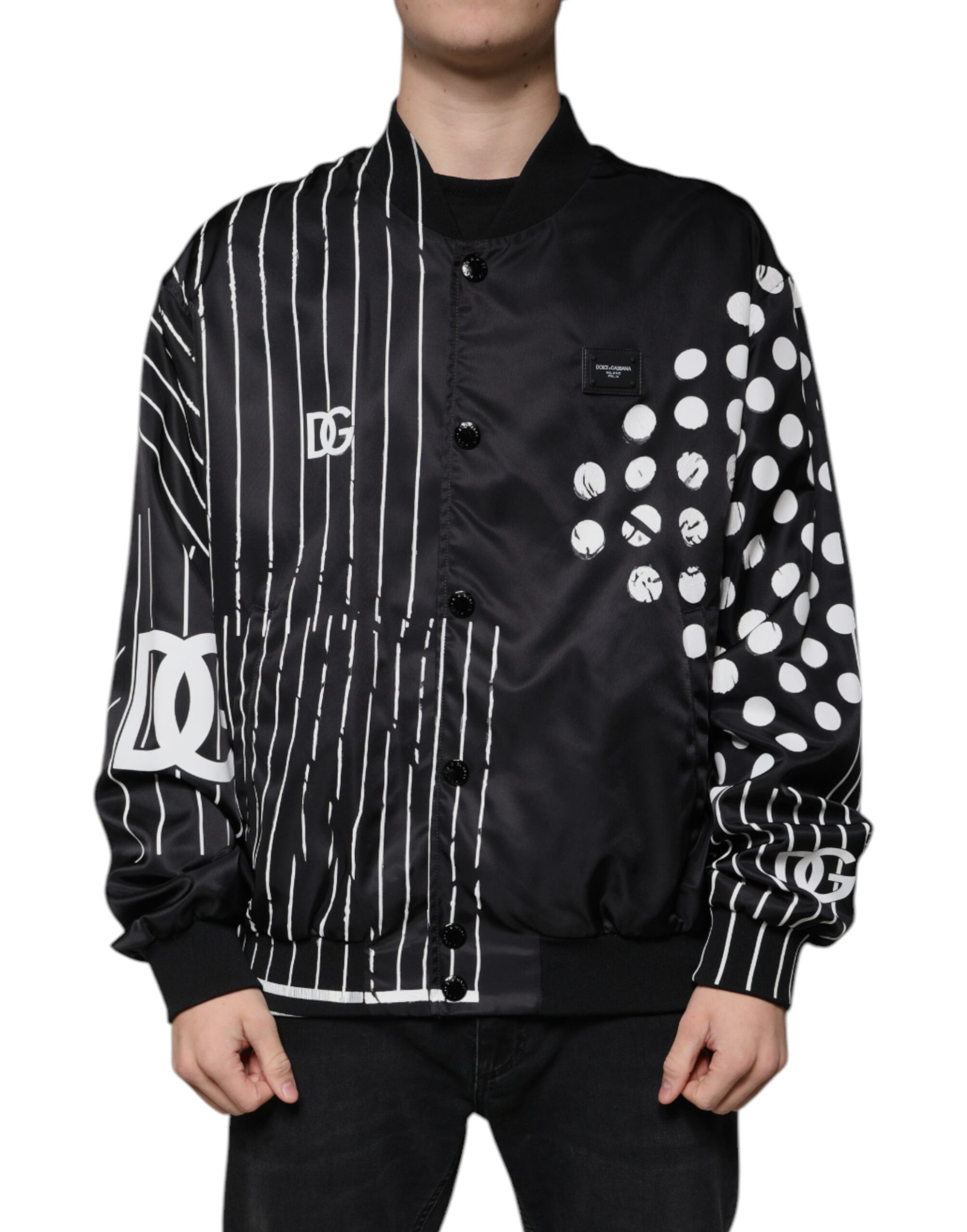 Dolce & Gabbana Black Polka Dot Stripe Nylon Bomber Jacket - ACCEXO