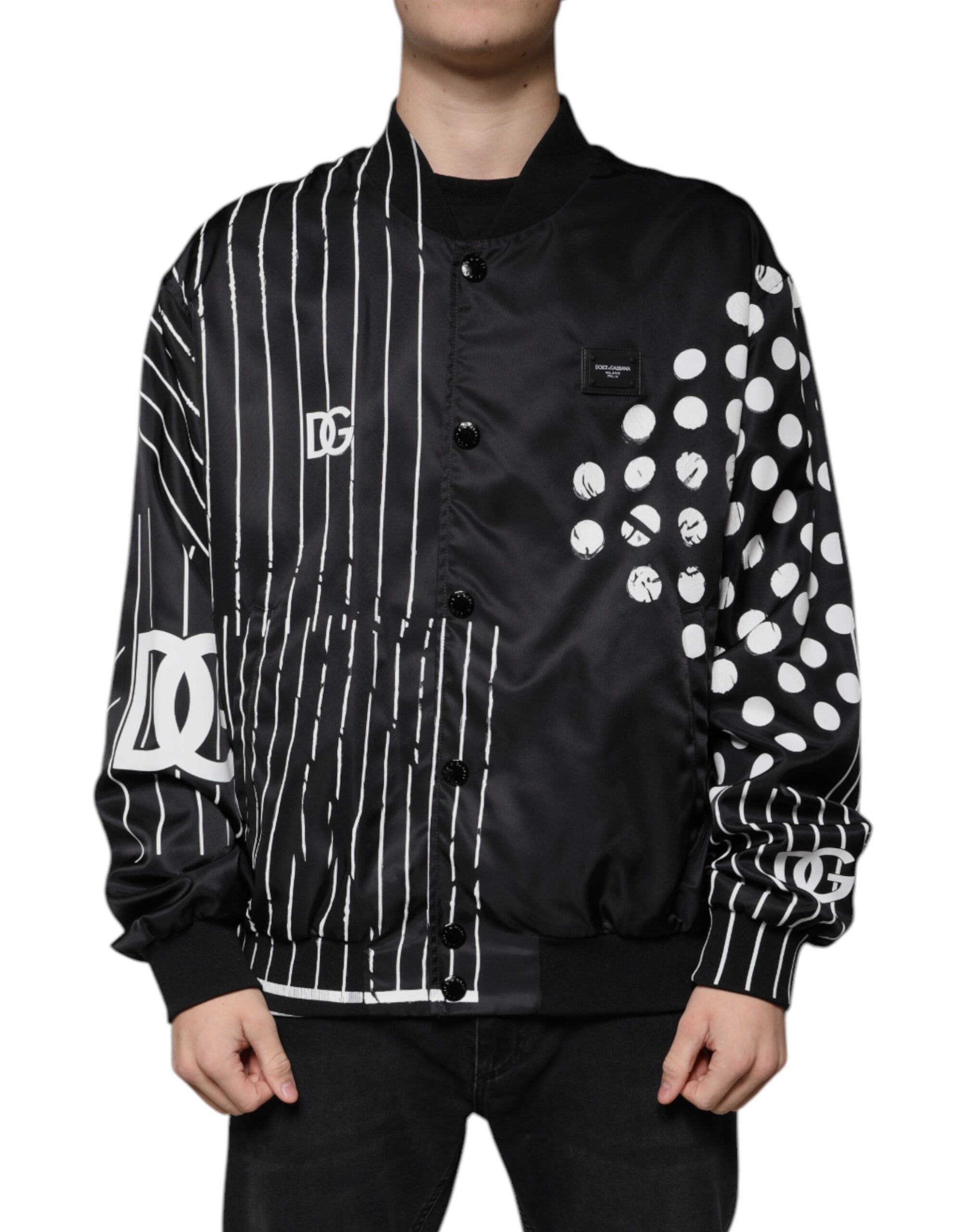 Dolce & Gabbana Black Polka Dot Stripe Nylon Bomber Jacket - ACCEXO