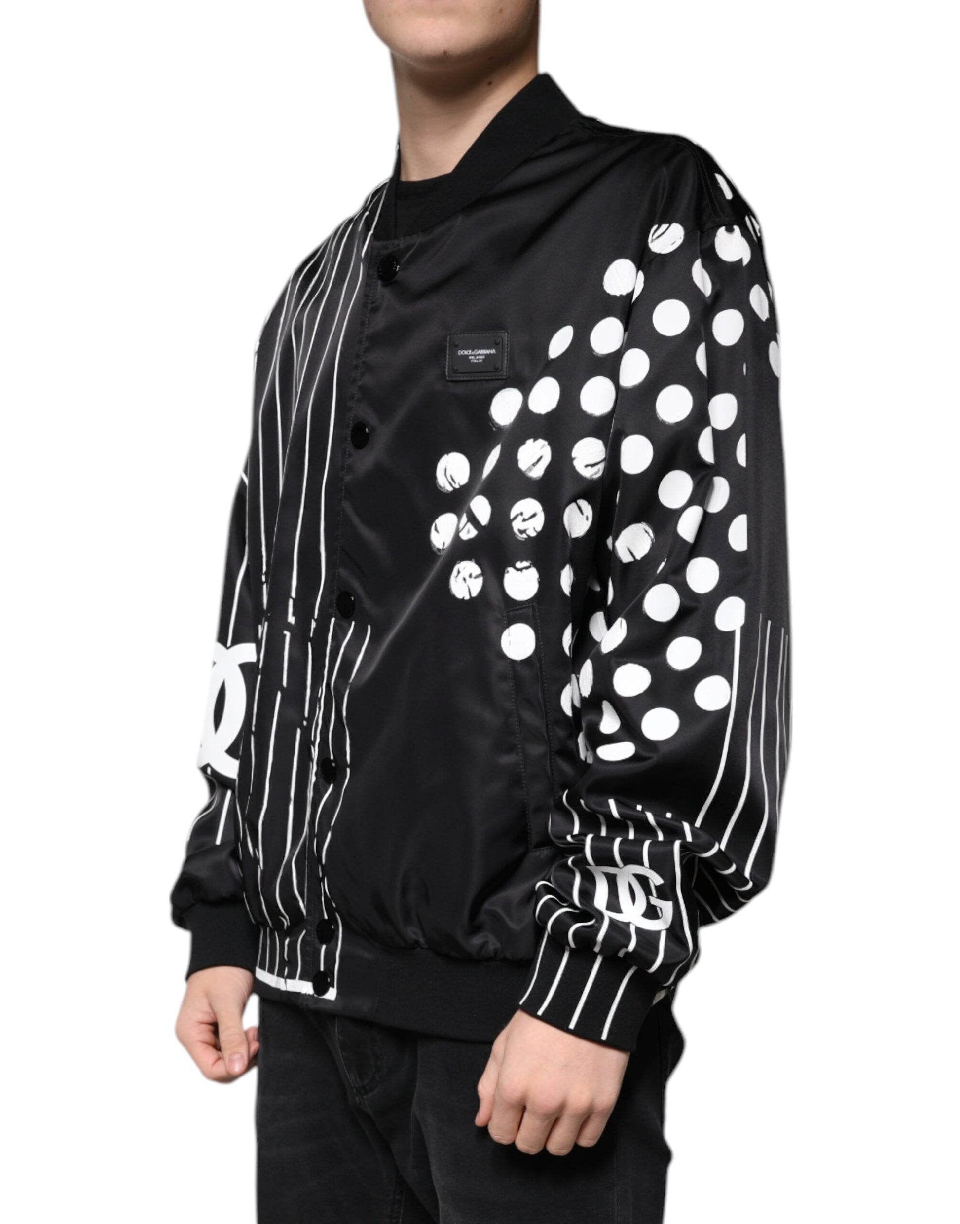 Dolce & Gabbana Black Polka Dot Stripe Nylon Bomber Jacket - ACCEXO