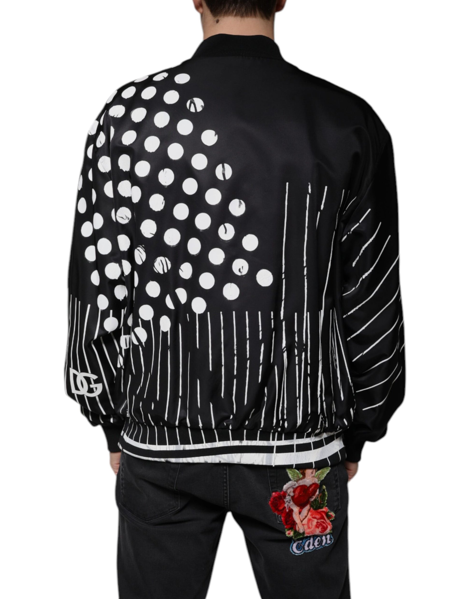 Dolce & Gabbana Black Polka Dot Stripe Nylon Bomber Jacket - ACCEXO