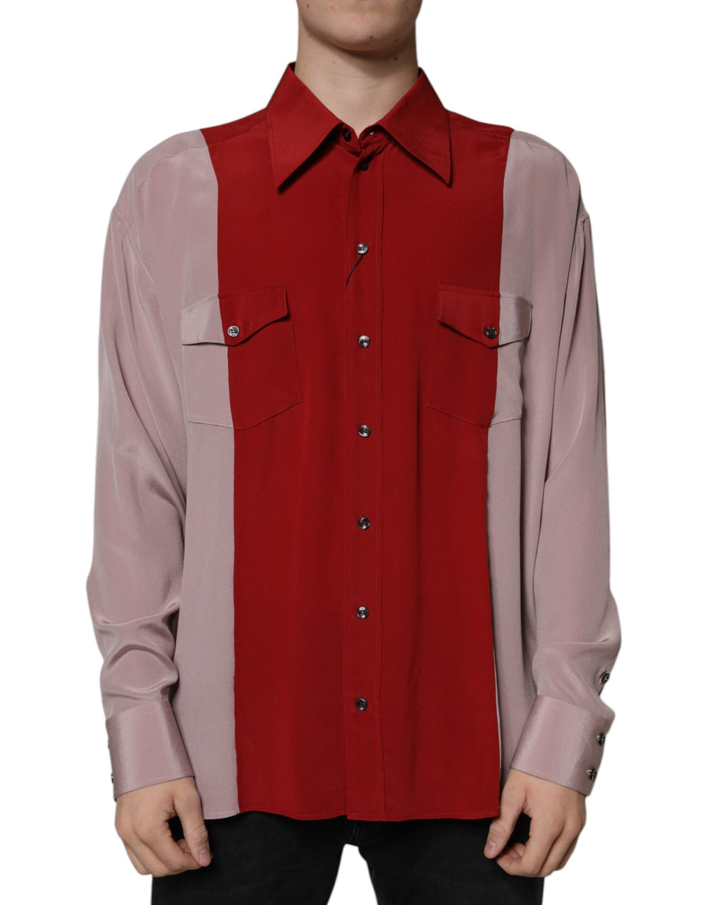 Dolce & Gabbana Red Pink Silk Collared Button Down Shirt