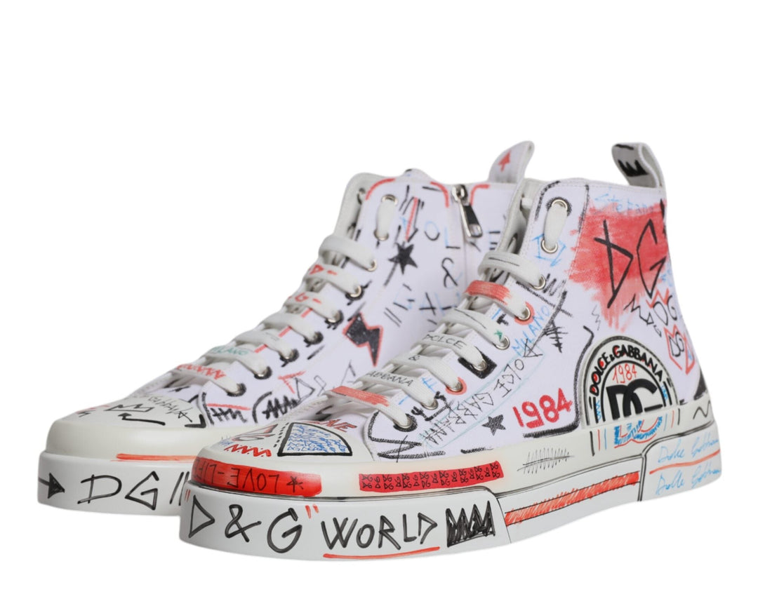 Dolce & Gabbana White Cotton Graffiti High Top Sneaker Shoes