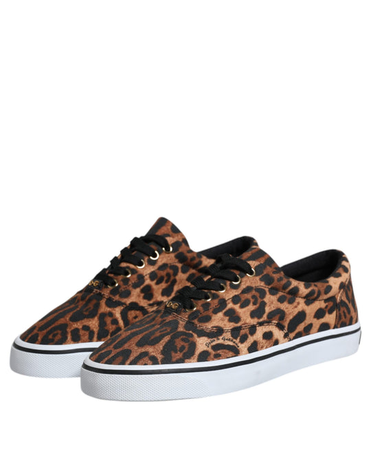 Dolce & Gabbana Brown Leopard Logo Print Cotton Sneakers Shoes