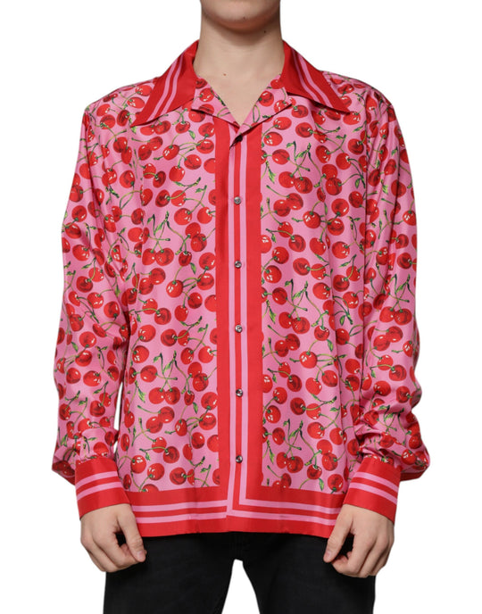 Dolce & Gabbana Pink Cherry Silk Button Down Casual Shirt