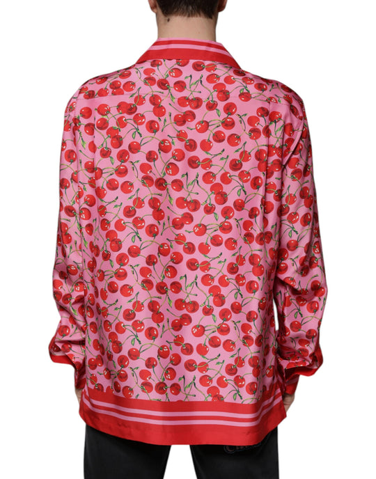 Dolce & Gabbana Pink Cherry Silk Button Down Casual Shirt