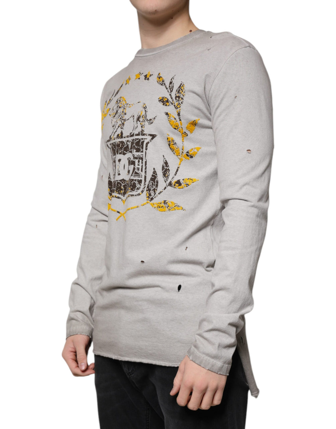 Dolce & Gabbana Gray Printed Cotton Crewneck Pullover Sweater