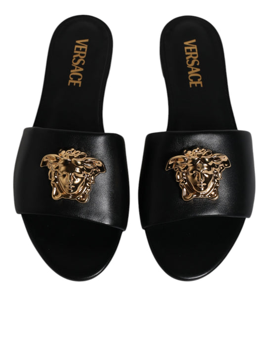 Versace Black Leather Logo Plaque Slip On Slides Flats Shoes