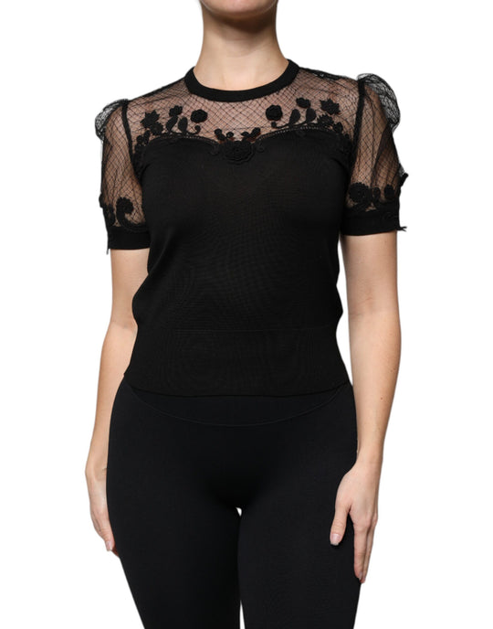 Dolce & Gabbana Black Floral Lace Short Sleeves Blouse Top