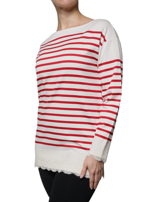 Dolce & Gabbana White Red Stripes Cotton Long Sleeves Top