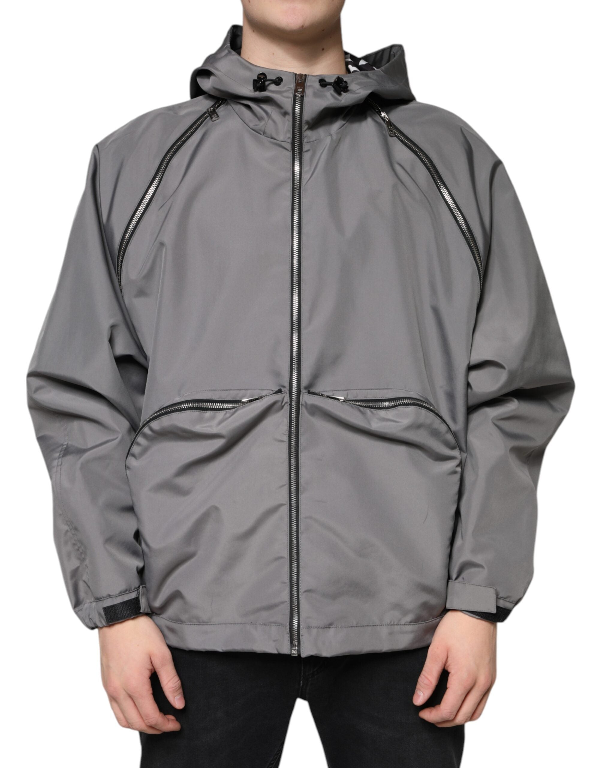 Dolce & Gabbana Gray Polyester Hooded Men Full Zip Jacket - ACCEXO