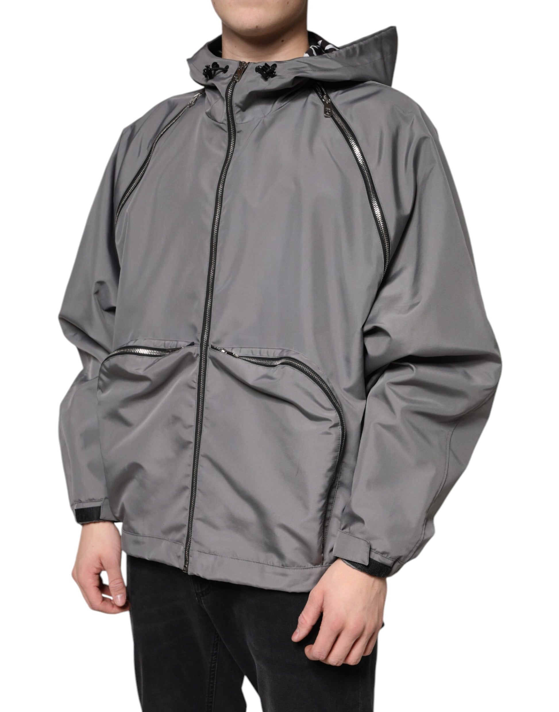 Dolce & Gabbana Gray Polyester Hooded Men Full Zip Jacket - ACCEXO