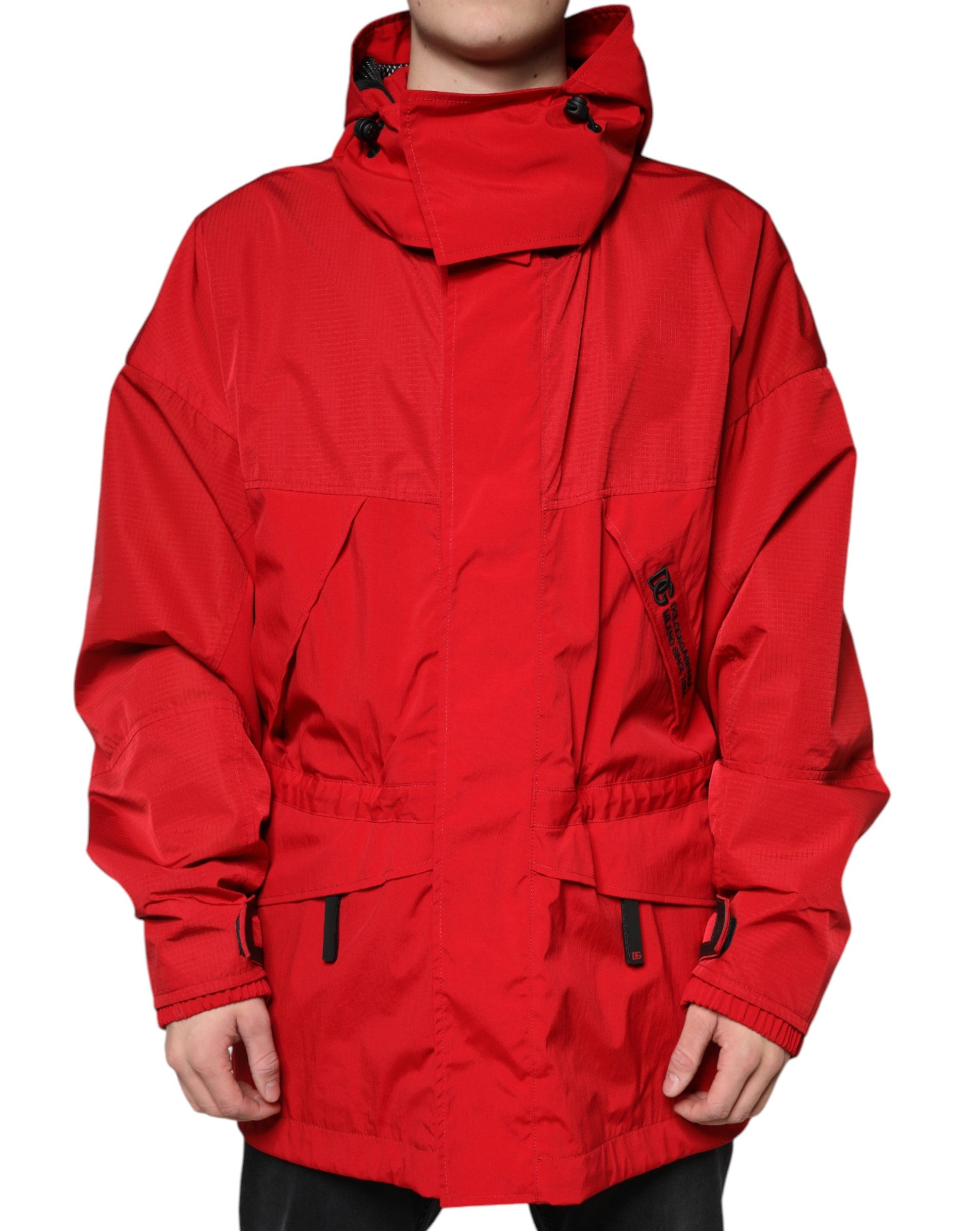 Dolce & Gabbana Red Nylon Hooded Men Full Zip Parka Jacket - ACCEXO