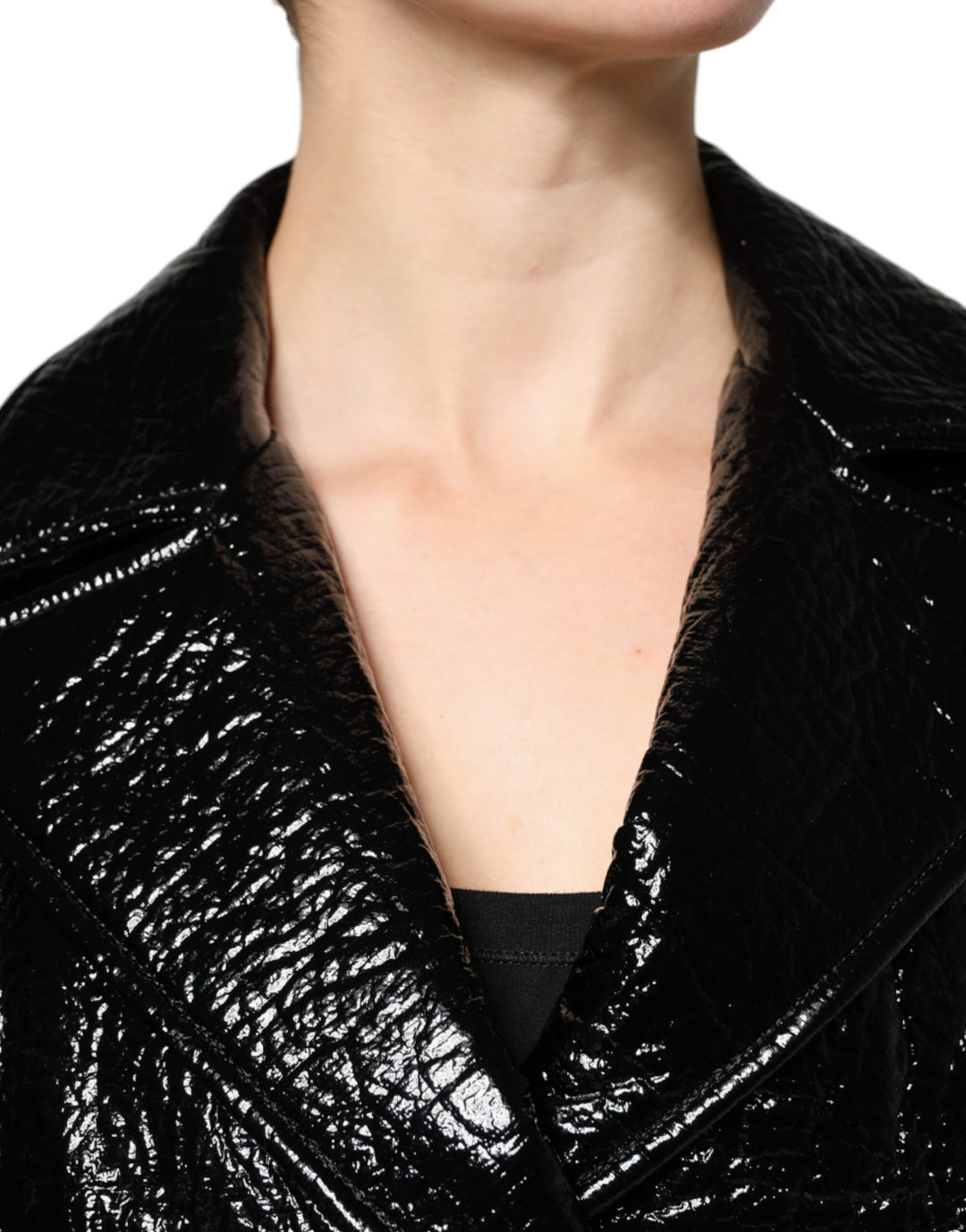 Dolce & Gabbana Black Leather Cropped Long Sleeve Coat Jacket