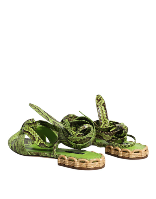 Dolce & Gabbana Green Animal Print Ankle Wrap Sandals Shoes