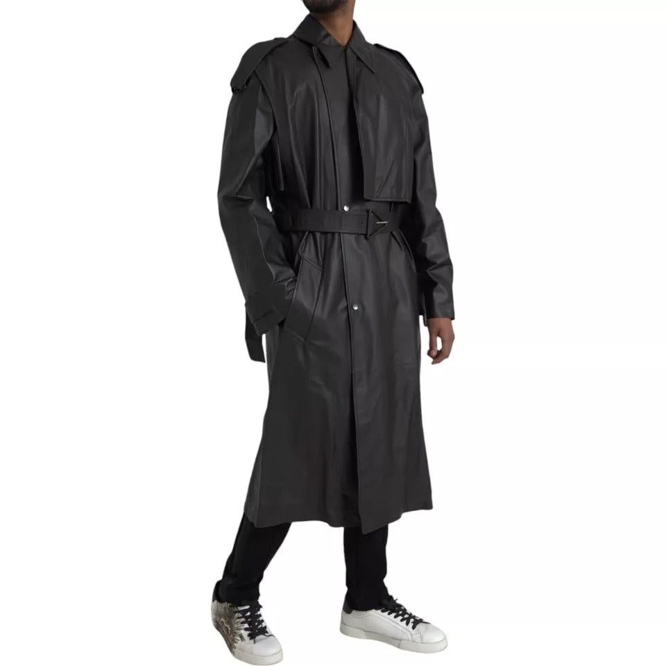 Bottega Veneta Black Leather Men Waterproof Trenchcoat Jacket - ACCEXO