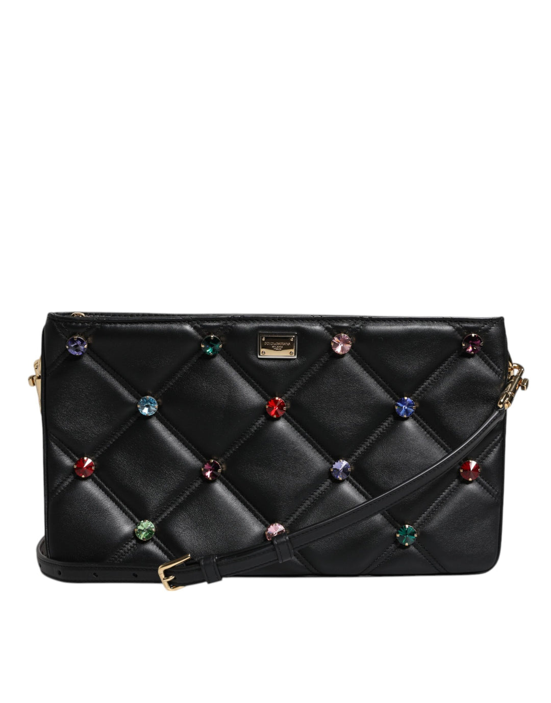 Dolce & Gabbana Black Leather Crystal Embellished Logo Shoulder Bag