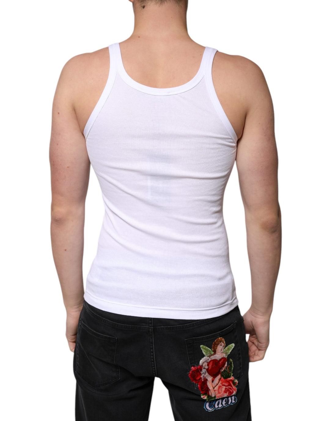 Dolce & Gabbana White Cotton DG Sleeveless Round Neck T-shirt