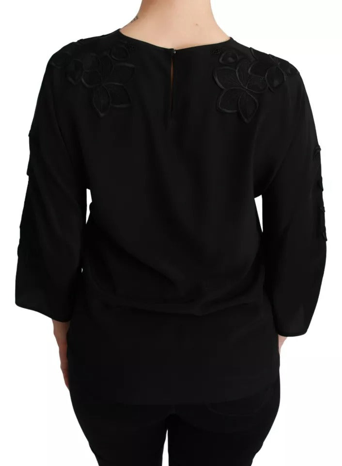 Dolce & Gabbana Black Floral Embroidered Blouse Silk Top