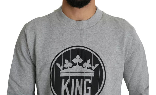 Dolce & Gabbana Gray Crown King Print Cotton Pullover Sweater